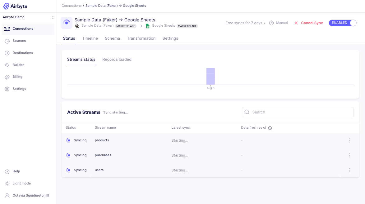 Connection dashboard